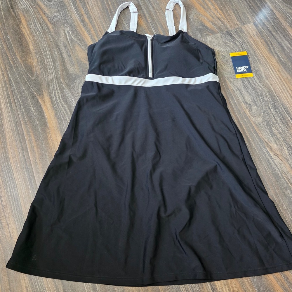 Lands End Womens Black White Zip Front Swim Dress Medium 10-12 NWT